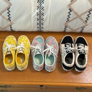 Bundle of 3 Pairs Vans - Size 7.5 - Pink & Black Check, Yellow Floral, Tie-Dye